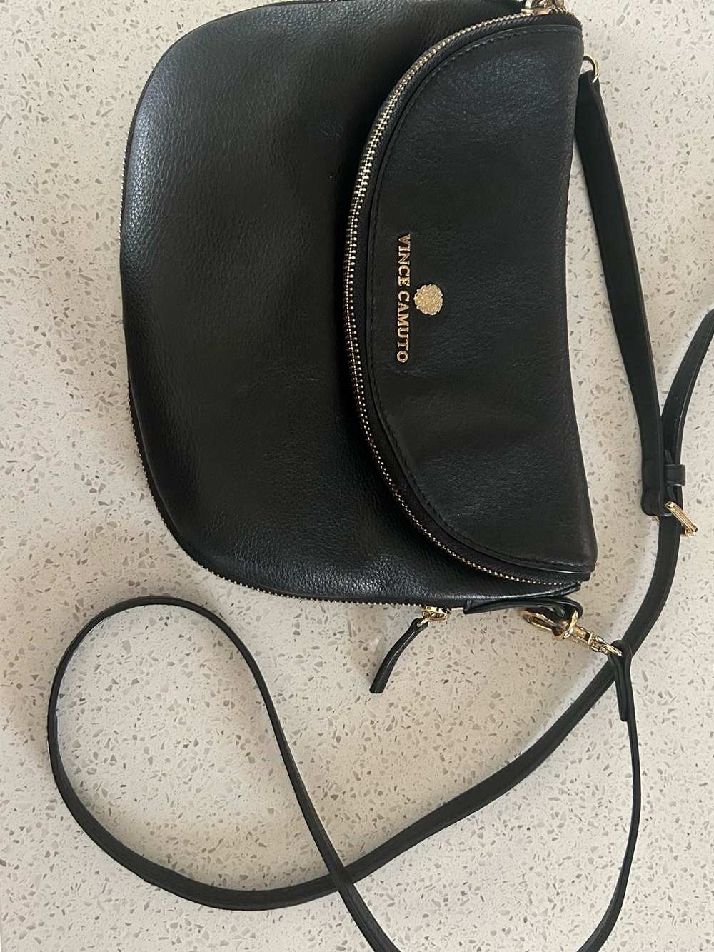 Vince Camuto Black Leather Crescent Crossbody with Gold Logo